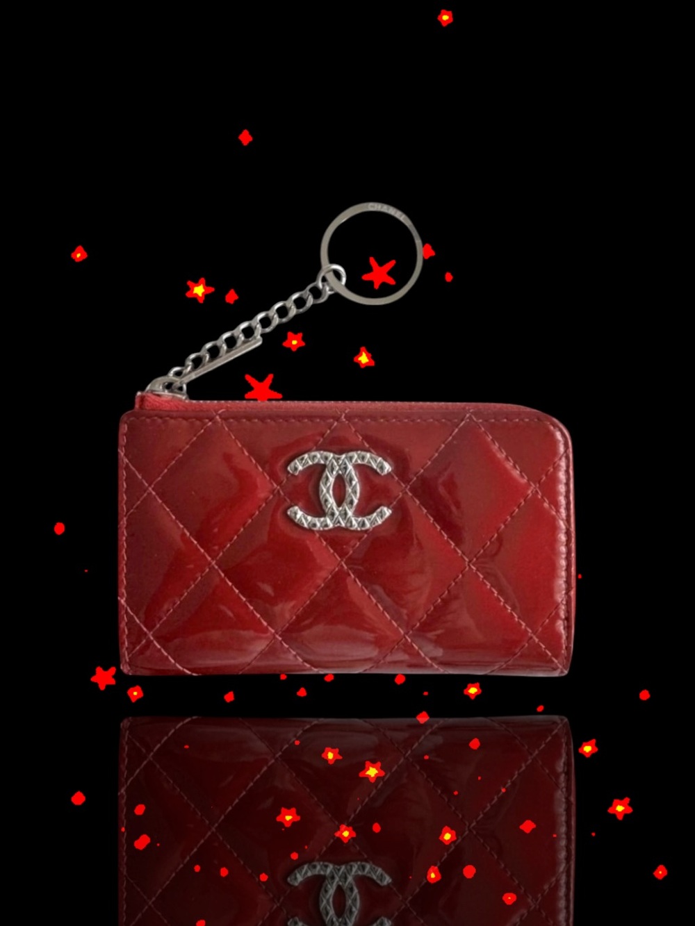 🩷CHANEL Quilted CC Logo Zip Coin Purse Wallet Key Holder RED Patent • Silver HW